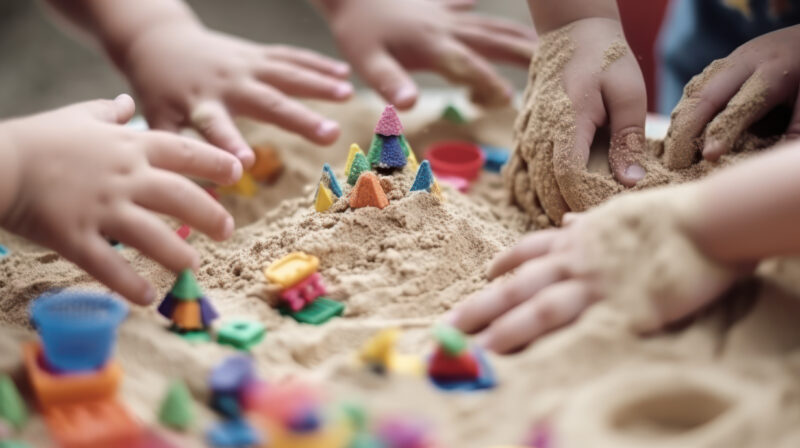 children hands in the sandbox, children play with sand 